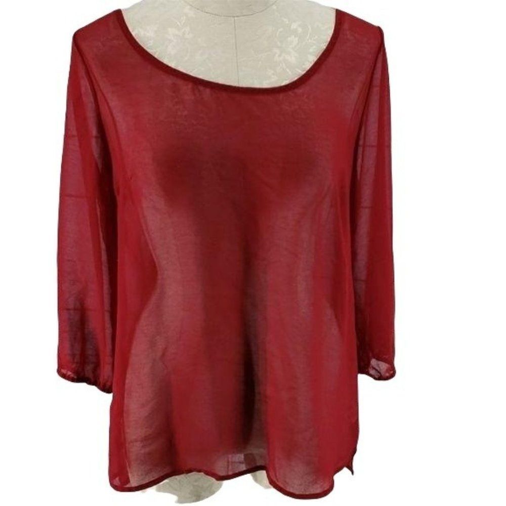Charming Charlie Red Cream sheer colorblock medium‎ quarter sleeve  Blouse